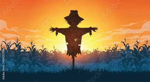 Silhouette of a scarecrow standing in a cornfield at sunset, casting a warm glow.