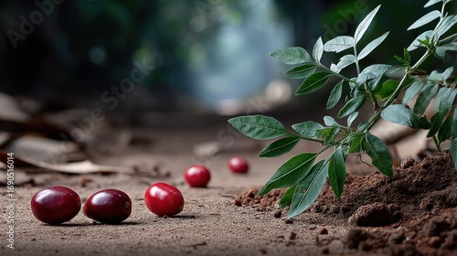 Red berries dot a dirt path beneath green foliage, leading into a blurred forest