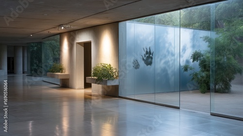 A modern hallway with polished floors and large glass windows showcasing an outdoor courtyard with etched handprints on the glass, plants, and muted light
