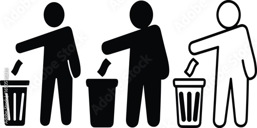 Trash bin icon, waste disposal symbol, clean environment concept, throw paper away, recycling awareness, public hygiene, silhouette figures, black white