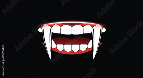 Fierce vampire fangs with glowing red outline on a dark background