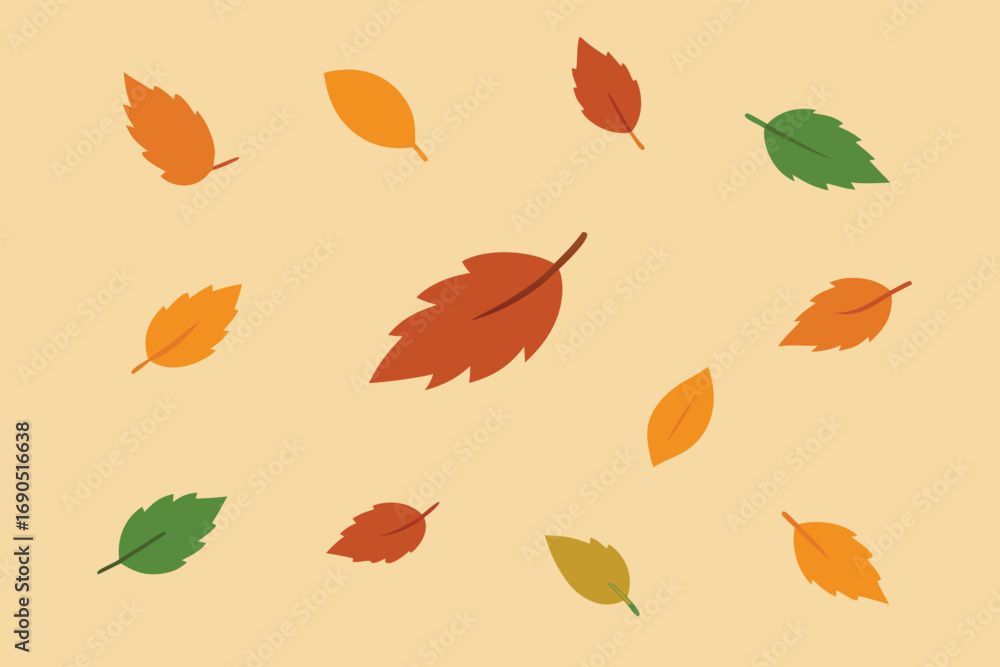 Obraz premium Vector art of a whimsical arrangement of colorful autumn leaves scattered across a warm beige background, evoking a sense of fall foliage and seasonal transition in natures palette