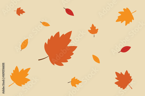Vector art of a captivating display of vibrant autumn leaves scattered on a light beige backdrop, symbolizing the beauty of the fall season and the changing colors of nature