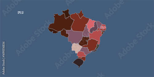 Brazil map illustration shows regional divisions with varied shades of brown, red, and purple, set against a simple blue background, illustrating cartography and geographical boundaries