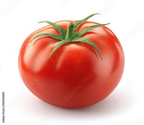 Wallpaper Mural Close-up of a round, vibrant red tomato with a green stem attached, casting a soft shadow on a white background, emphasizing its smooth, glossy surface Torontodigital.ca
