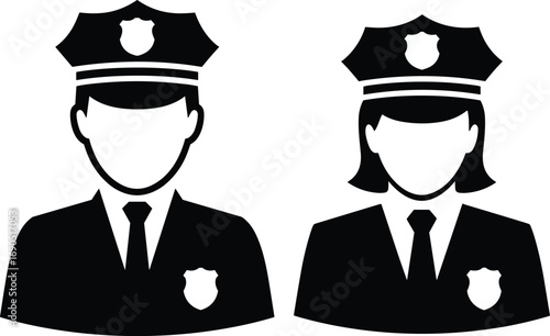 Two Black Silhouettes Of Police Officers In Uniform On White Background icon