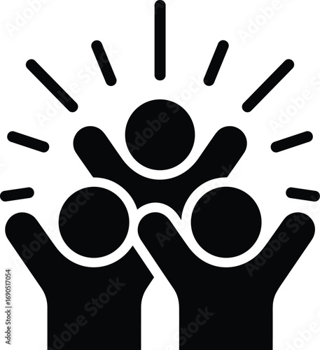 Three people icons celebrating with raised arms and radiating lines Keywords: celebration, joy