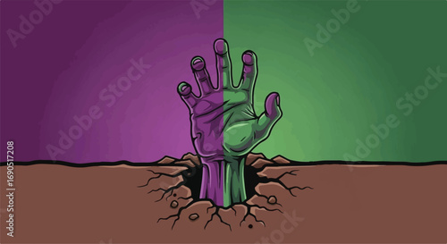 A creepy, multi-colored hand emerges from cracked earth against a split background.