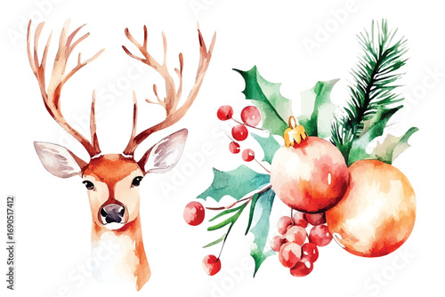 Cute deer Christmas card hand drawn Watercolor reindeer animal illustration with fir tree branches and New Year decoration