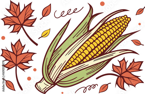 Vector art of a vibrant illustration of corn on the cob surrounded by colorful autumn leaves, capturing the essence of the harvest season
