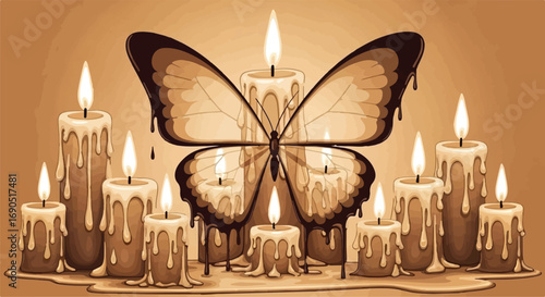 Melting candles surround a delicate butterfly, creating a serene and contemplative atmosphere.