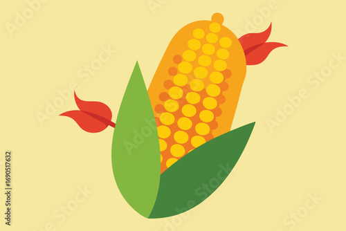 Vector art of a stylized corn on the cob with green leaves, set against a soft yellow background, creating a simple and modern design
