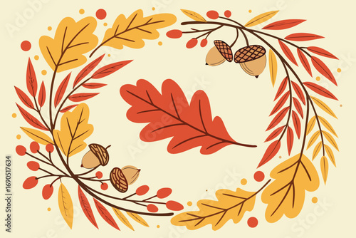 Vector art of a delightful autumn frame featuring colorful leaves, acorns, and berries, creating a warm and inviting seasonal border for any design project