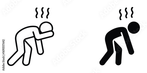 Two stylized figures showing exhaustion with steam rising from heads tired weary