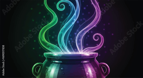 Magical cauldron bubbling with colorful, swirling smoke and sparks against a dark background.