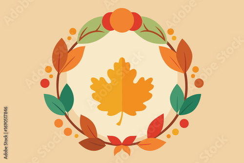Vector art of colorful autumn leaf wreath illustration, featuring a central maple leaf and a variety of seasonal foliage, perfect for fallthemed designs and decorations