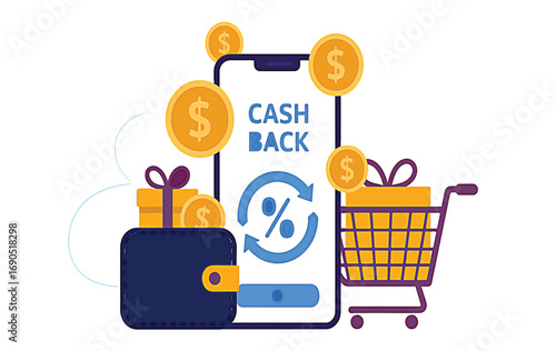 Cashback concept with smartphone wallet shopping cart and coins money refund