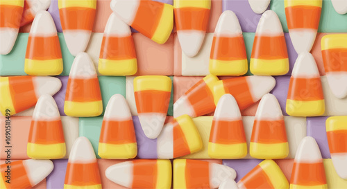 Colorful candy corn arranged in a vibrant, playful pattern for a festive autumn treat.