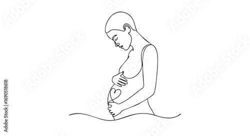 Elegant one-line drawing of a pregnant woman embracing her belly with love and connection to motherhood