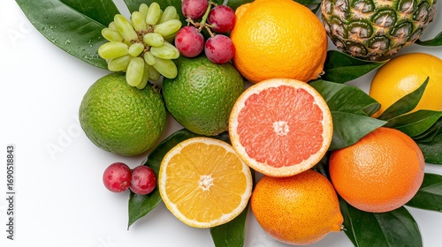 Colorful Citrus Fruits and Grapes on White Background, Generative AI