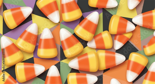Colorful candy corn scattered on a festive geometric background, perfect for Halloween celebrations.