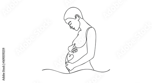 Elegant one-line drawing of a pregnant woman embracing her belly with love and connection to motherhood