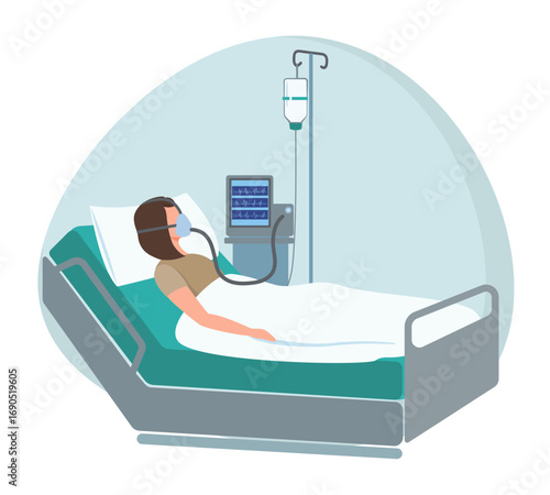The woman is in the hospital in the intensive care unit. Treatment. Flat style. Artificial lung ventilation.