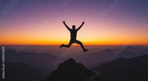Wallpaper Mural Silhouetted man joyfully leaps from mountain peak at sunset, celebrating achievement over misty landscape. Torontodigital.ca