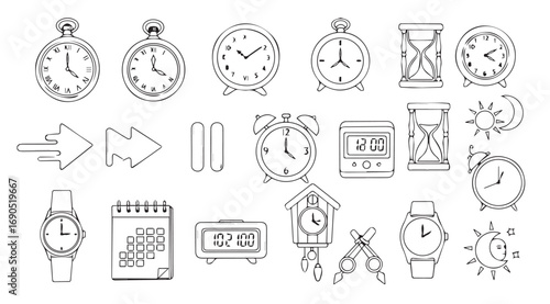 Collection of hand drawn timekeeping devices and symbols silhouette