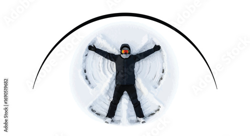 Joyful person making a snow angel on a bright winter day, seen from above.