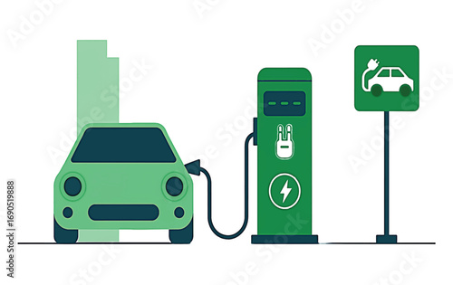 Electric car charging at a charging station with city buildings automobile