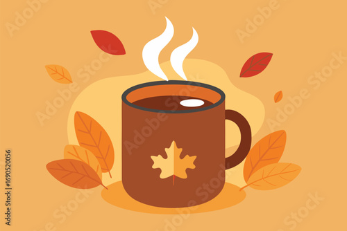 Vector art of a warm cup of coffee with a maple leaf, surrounded by falling autumn leaves, evokes the cozy spirit of fall on an orange background