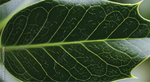 Close-up macro view of a vibrant green holly leaf with intricate veining, highlighting natural texture and detail.
