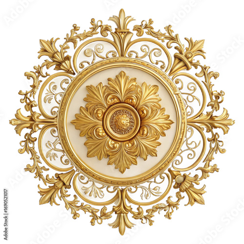 Elegant golden ceiling ornament with baroque floral details on transparent background for architectural posters, interior branding, and décor designs