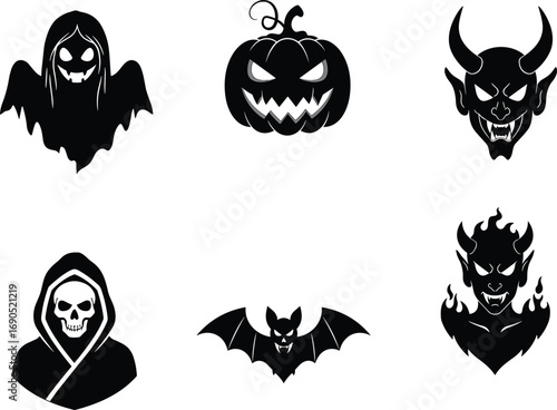 PrintScary Halloween vector illustration with pumpkin, ghost, skull, bat, demon, and monster silhouettes, perfect spooky design for holiday decorations.Scary Halloween vector illustration wit