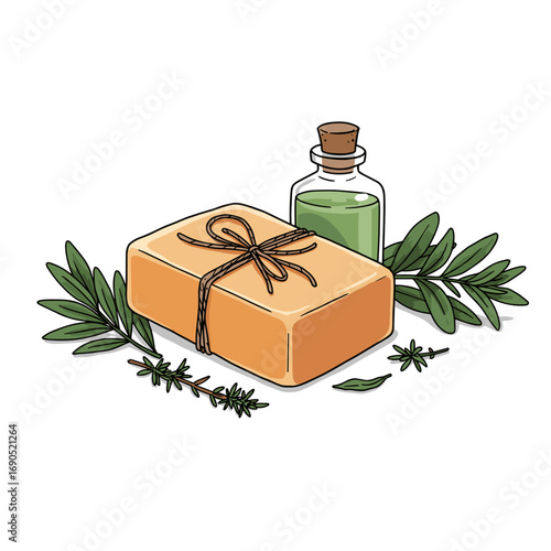 Natural soap with essential oil and herbs on white background  