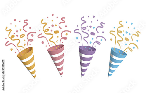 Four Party Poppers Exploding Confetti and Streamers in Different Colors celebration