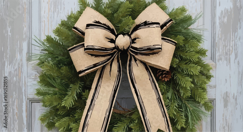 Festive burlap bow adorns a lush green Christmas wreath on a rustic door