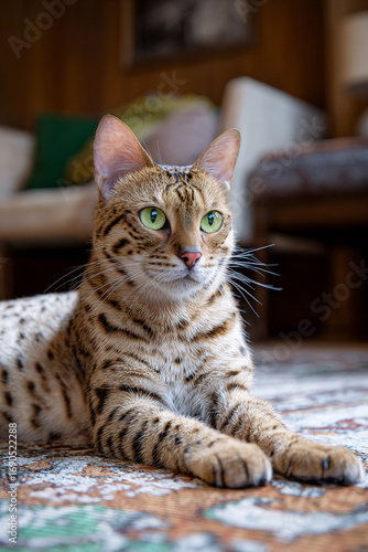 Elegant Bengal cat with striking green eyes relaxes indoors