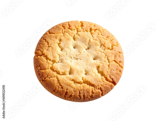 Round, light-brown cookie with a slightly textured surface and a slight indentation in the center
