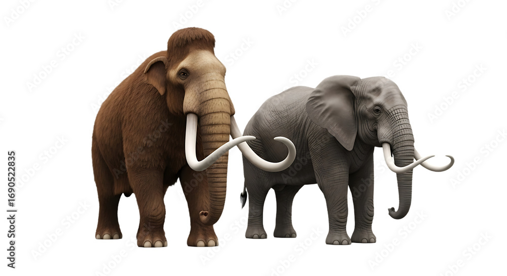 Fototapeta premium Comparison of a woolly mammoth and a modern African elephant, highlighting their distinct features and evolutionary relationship