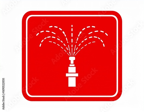 Emergency water sprinkler system icon on a vibrant red sign, indicating fire safety