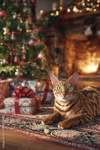 Bengal cat near Christmas tree and fireplace