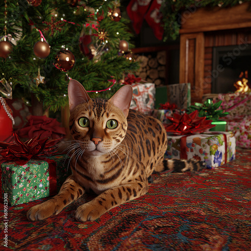 Curious cat under Christmas tree surrounded by gifts