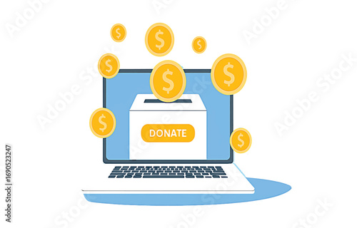 Laptop displaying a donation box with coins falling, symbolizing online giving computer