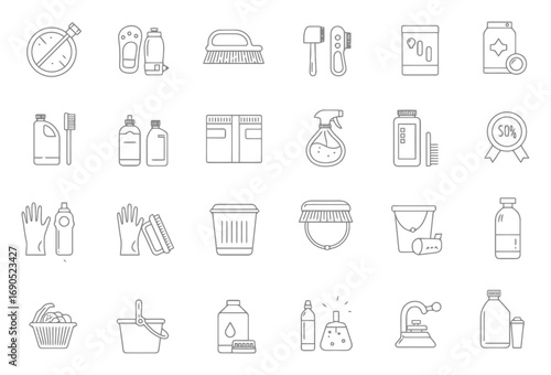 Spring Cleaning Line Art Grid - Vector Illustration