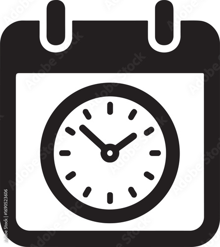 Calendar clock icon silhouette vector for scheduling, time management, planning, deadlines, and organization themes.
