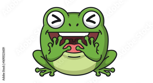 Bild auf Leinwand A cute green cartoon frog laughing out loud with a wide open mouth and happy eyes