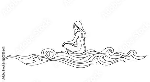 Find inner peace with a woman meditating on gentle ocean waves, a minimalist wellness art print for mindful living