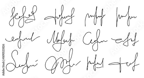 Hand drawn signatures set. Manual autographs for business documents. Vector textured calligraphy sketch scribble